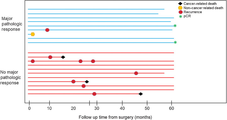 Figure 2. Swimmer plot summarizing follow-up and recurrence patterns for patients with or without a major pathological response after neoadjuvant nivolumab. Follow-up is limited to 60 months. Abbreviations: Pathological complete response, pCR.