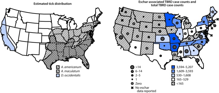 The figure consists of two maps, one showing the estimated geographic range of Amblyomma americanum, Amblyomma maculate, and Dermacentor occidentalis, and the other showing the number of eschar-associated illnesses, compared with total reported tickborne rickettsial diseases in the United States during 2010–2016.