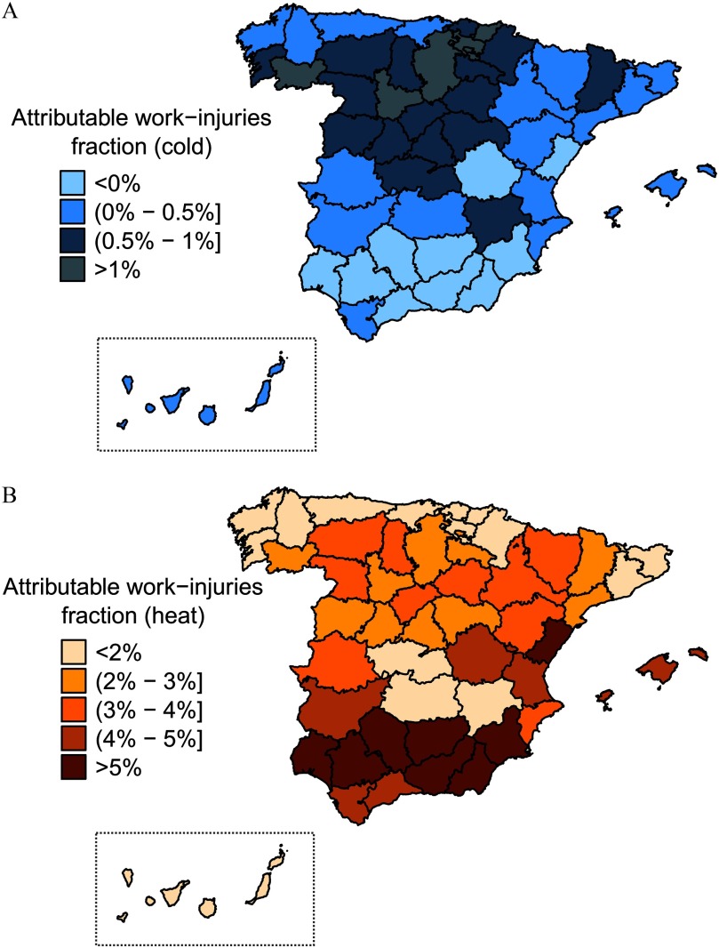 Figures 4a and 4b are maps of Spain marking provinces with attributable work injuries fraction for cold (less than 0 percent, 0 to 0.5 percent, 0.5 to 1 percent, and greater than 1 percent) and heat (less than 2 percent, 2 to 3 percent, 3 to 4 percent, 3 to 4 percent, 4 to 5 percent, and greater than 5 percent), respectively.