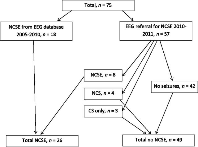 FIGURE 1. Patient distribution. Eighteen patients with NCSE were identified by searching an EEG database and 57 by monitoring consecutive EEG referrals for NCSE. Eight of them had NCSE. Additionally, 4 had nonconvulsive seizures (NCS) and 3 had convulsive seizures (CS) only, demonstrated on video EEG.