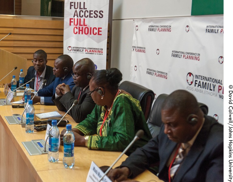 In November 2013, DRC government and NGO representatives held a press conference at the Third International Conference on Family Planning in Addis Ababa, where the government presented its Declaration of Commitment to Family Planning. Left to right: Dr. Arsene Binanga (Tulane’s Director of Family Planning Programs in the DRC), Dr. Thomas Kataba (of the Ministry of Health’s Studies and Planning Directorate), Mr. Dieudonné Kwete (advisor to the Prime Minister), Dr. Therese Kyungu (Director of the National Program of Reproductive Health), and Mr. Mbadu Mwanda (Director of the National Program for Adolescent Health).