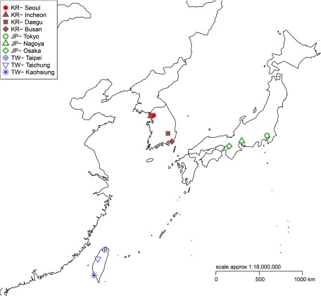 Map marking study sites, namely, Seoul, Incheon, Daegu, Busan, Tokyo, Nagoya, Osaka, Taipei, Taichung, and Kaohsiung.