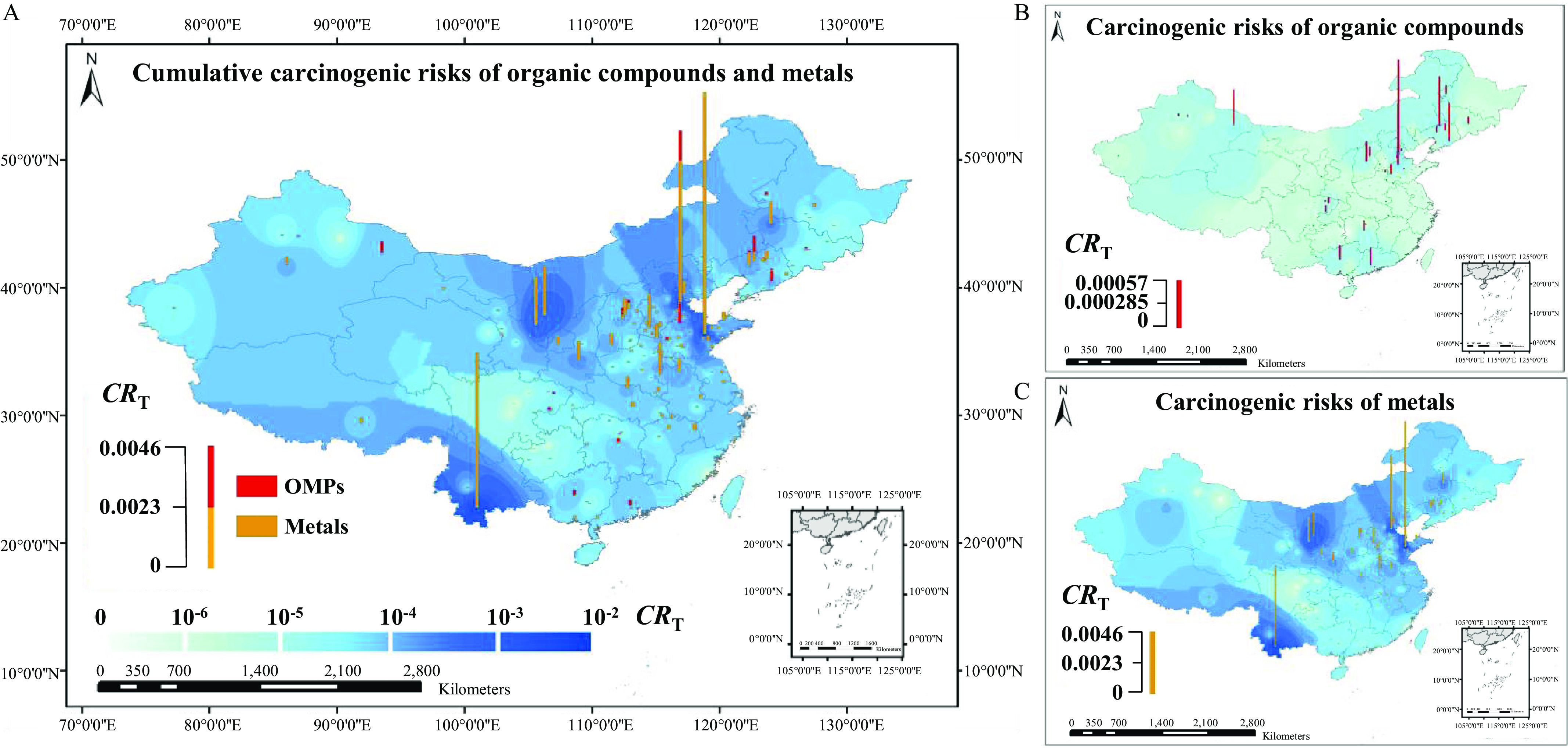 Figures 4A to 4C are three maps of China, depicting the spatial distribution of the cumulative carcinogenic risks for organic micropollutants and metals estimated by inverse distance weighted interpolation. Figure 4A depicts spatial distribution of carcinogenic risks for 4 metals, ranging from 0 to 0.0023 in increments of 0.0022 and 38 organic micropollutants, ranging from 0.0023 to 0.0046 in increments of 0.0023 by plotting carcinogenic risks, including 0, 10 superscript negative 6 end superscript, 10 superscript negative 5 end superscript, 10 superscript negative 4 end superscript, 10 superscript negative 3 end superscript, and 10 superscript negative 2 end superscript. Figure 4B depicts the spatial distribution of the carcinogenic risks for organic micropollutants, ranging from 0 to 0.00057 in increments of 0.000285. Figure 4C depicts the spatial distribution of the carcinogenic risks for 4 metals, ranging from 0 to 0.0046 in increments of 0.0023. Each map includes a scale, at the bottom-left, depicting kilometers, ranging from 0 to 6.5 in increments of 3.25 and 6.5 to 39 in increments of 6.5.