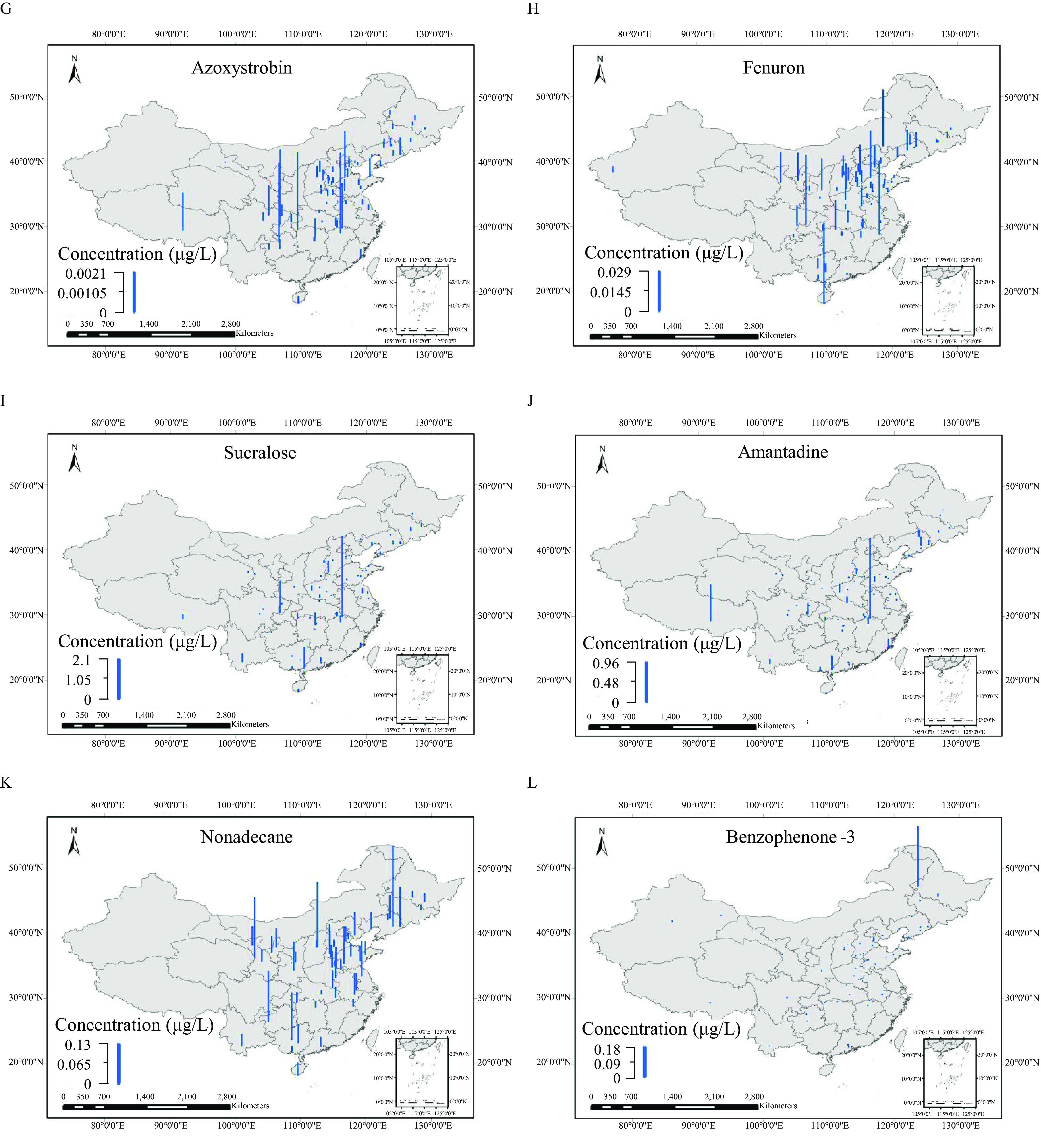 Figures 2A to 2N are fourteen maps of China, depicting the spatial distribution for concentrations of different compound. Figure 2A depicts cotinine concentration (micrograms per liter), ranging from 0 to 0.024 in increments of 0.012. Figure 2B depicts sulfamethoxazole concentration (micrograms per liter), ranging from 0 to 0.028 in increments of 0.014. Figure 2C depicts atrazine-desethyl concentration (micrograms per liter), ranging from 0 to 0.13 in increments of 0.065. Figure 2D depicts tetracosane concentration (micrograms per liter), ranging from 0 to 0.57 in increments of 0.285. Figure 2E depicts carbendazim concentration (micrograms per liter), ranging from 0 to 0.039 in increments of 0.0195. Figure 2F depicts nitrobenzene concentration (micrograms per liter), ranging from 0 to 0.063 in increments of 0.0315. Figure 2G depicts azoxystrobin concentration (micrograms per liter), ranging from 0 to 0.0021 in increments of 0.00105. Figure 2H depicts fenuron concentration (micrograms per liter), ranging from 0 to 0.029 in increments of 0.0145. Figure 2I depicts sucralose concentration (micrograms per liter), ranging from 0 to 2.1 in increments of 1.05. Figure 2J depicts amantadine concentration (micrograms per liter), ranging from 0 to 0.96 in increments of 0.48. Figure 2K depicts nonadecane concentration (micrograms per liter), ranging from 0 to 0.13 in increments of 0.065. Figure 2L depicts benzophenone-3 concentration (micrograms per liter), ranging from 0 to 0.18 in increments of 0.09. Figure 2M depicts diethyl phthalate concentration (micrograms per liter), ranging from 0 to 0.051 in increments of 0.0255. Figure 2N depicts 1,4-dichlorobenzene concentration (micrograms per liter), ranging from 0 to 0.022 in increments of 0.011. Each map comprises a scale, at the bottom-left, depicting kilometers is ranging from 0 to 2,000 in increments of 1,000 and 2,000 to 8,000 in increments of 2,000 and an expanded part of respective map at the bottom-right.