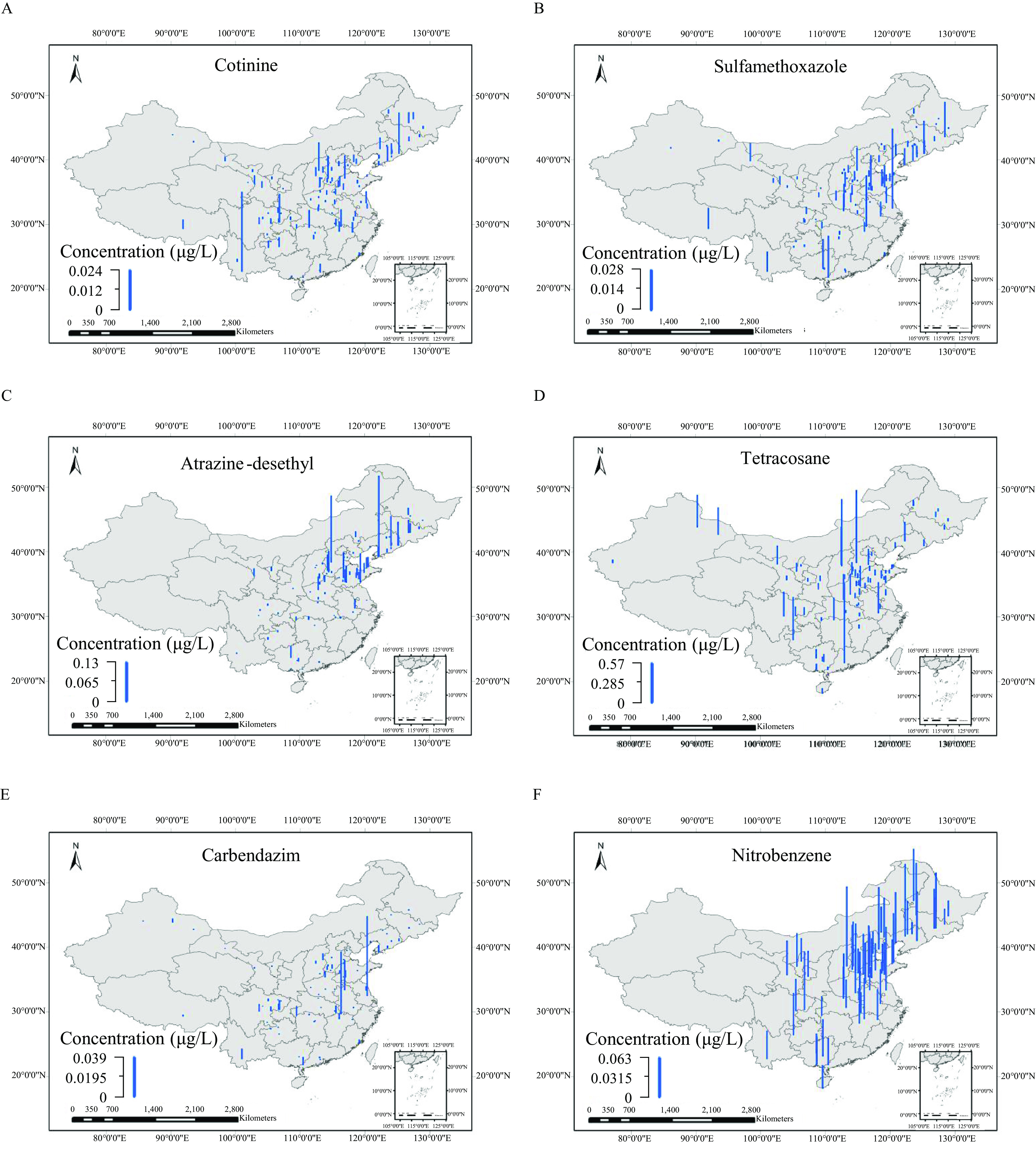 Figures 2A to 2N are fourteen maps of China, depicting the spatial distribution for concentrations of different compound. Figure 2A depicts cotinine concentration (micrograms per liter), ranging from 0 to 0.024 in increments of 0.012. Figure 2B depicts sulfamethoxazole concentration (micrograms per liter), ranging from 0 to 0.028 in increments of 0.014. Figure 2C depicts atrazine-desethyl concentration (micrograms per liter), ranging from 0 to 0.13 in increments of 0.065. Figure 2D depicts tetracosane concentration (micrograms per liter), ranging from 0 to 0.57 in increments of 0.285. Figure 2E depicts carbendazim concentration (micrograms per liter), ranging from 0 to 0.039 in increments of 0.0195. Figure 2F depicts nitrobenzene concentration (micrograms per liter), ranging from 0 to 0.063 in increments of 0.0315. Figure 2G depicts azoxystrobin concentration (micrograms per liter), ranging from 0 to 0.0021 in increments of 0.00105. Figure 2H depicts fenuron concentration (micrograms per liter), ranging from 0 to 0.029 in increments of 0.0145. Figure 2I depicts sucralose concentration (micrograms per liter), ranging from 0 to 2.1 in increments of 1.05. Figure 2J depicts amantadine concentration (micrograms per liter), ranging from 0 to 0.96 in increments of 0.48. Figure 2K depicts nonadecane concentration (micrograms per liter), ranging from 0 to 0.13 in increments of 0.065. Figure 2L depicts benzophenone-3 concentration (micrograms per liter), ranging from 0 to 0.18 in increments of 0.09. Figure 2M depicts diethyl phthalate concentration (micrograms per liter), ranging from 0 to 0.051 in increments of 0.0255. Figure 2N depicts 1,4-dichlorobenzene concentration (micrograms per liter), ranging from 0 to 0.022 in increments of 0.011. Each map comprises a scale, at the bottom-left, depicting kilometers is ranging from 0 to 2,000 in increments of 1,000 and 2,000 to 8,000 in increments of 2,000 and an expanded part of respective map at the bottom-right.