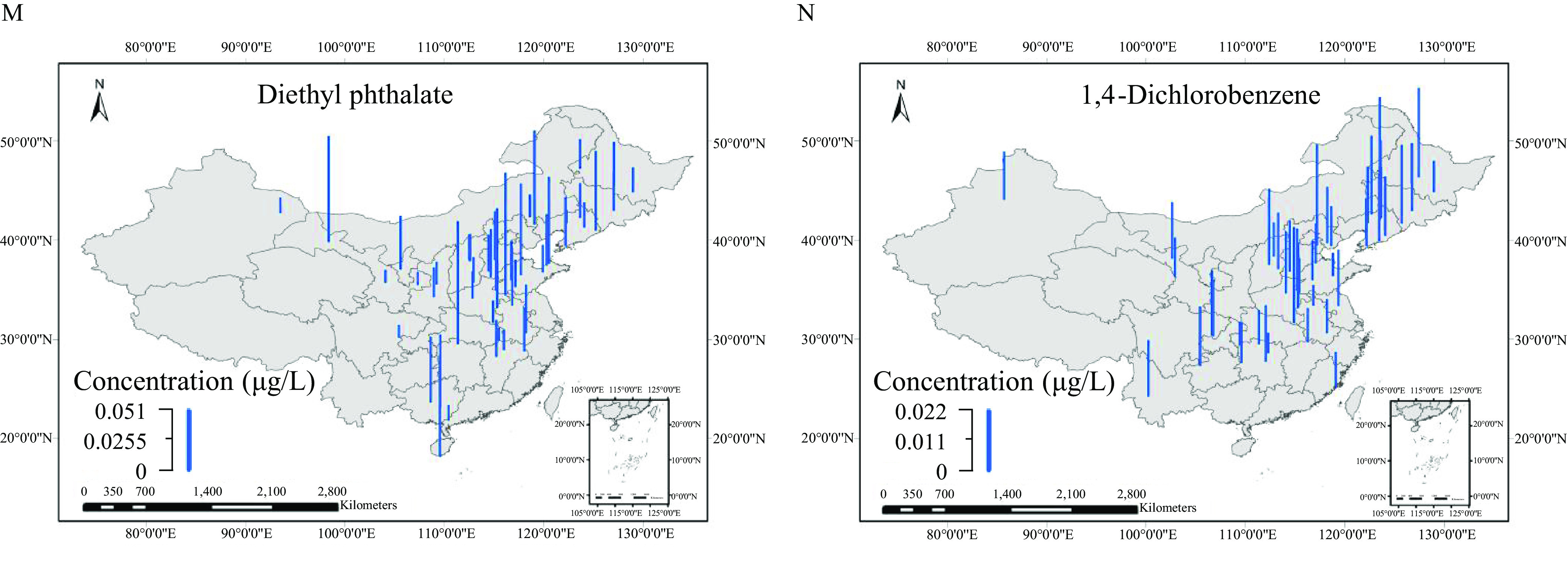 Figures 2A to 2N are fourteen maps of China, depicting the spatial distribution for concentrations of different compound. Figure 2A depicts cotinine concentration (micrograms per liter), ranging from 0 to 0.024 in increments of 0.012. Figure 2B depicts sulfamethoxazole concentration (micrograms per liter), ranging from 0 to 0.028 in increments of 0.014. Figure 2C depicts atrazine-desethyl concentration (micrograms per liter), ranging from 0 to 0.13 in increments of 0.065. Figure 2D depicts tetracosane concentration (micrograms per liter), ranging from 0 to 0.57 in increments of 0.285. Figure 2E depicts carbendazim concentration (micrograms per liter), ranging from 0 to 0.039 in increments of 0.0195. Figure 2F depicts nitrobenzene concentration (micrograms per liter), ranging from 0 to 0.063 in increments of 0.0315. Figure 2G depicts azoxystrobin concentration (micrograms per liter), ranging from 0 to 0.0021 in increments of 0.00105. Figure 2H depicts fenuron concentration (micrograms per liter), ranging from 0 to 0.029 in increments of 0.0145. Figure 2I depicts sucralose concentration (micrograms per liter), ranging from 0 to 2.1 in increments of 1.05. Figure 2J depicts amantadine concentration (micrograms per liter), ranging from 0 to 0.96 in increments of 0.48. Figure 2K depicts nonadecane concentration (micrograms per liter), ranging from 0 to 0.13 in increments of 0.065. Figure 2L depicts benzophenone-3 concentration (micrograms per liter), ranging from 0 to 0.18 in increments of 0.09. Figure 2M depicts diethyl phthalate concentration (micrograms per liter), ranging from 0 to 0.051 in increments of 0.0255. Figure 2N depicts 1,4-dichlorobenzene concentration (micrograms per liter), ranging from 0 to 0.022 in increments of 0.011. Each map comprises a scale, at the bottom-left, depicting kilometers is ranging from 0 to 2,000 in increments of 1,000 and 2,000 to 8,000 in increments of 2,000 and an expanded part of respective map at the bottom-right.