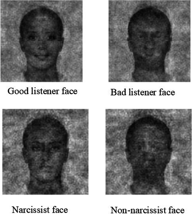 Good listener, bad listener, narcissist, and non-narcissist faces.