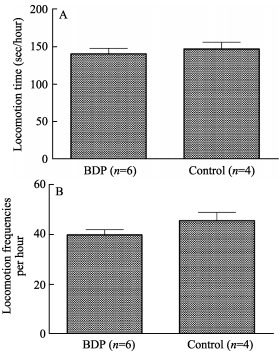 A: Duration of locomotive activity; B: The frequency of locomotive activity in the monkeys.