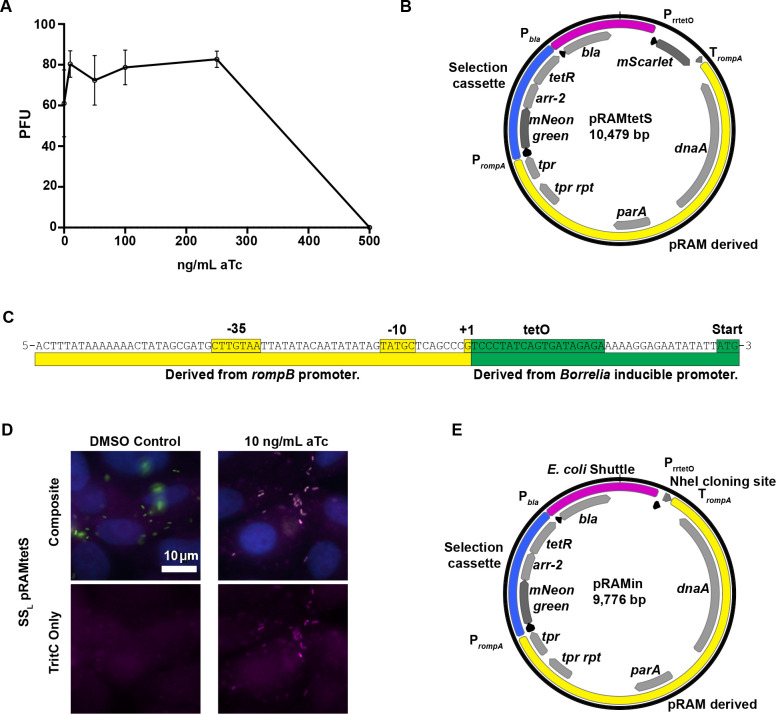 The line graph shows that PFU decreases with increasing aTc concentrations. Diagrams include a plasmid gene map, a sequence with promoter regions, fluorescence images comparing DMSO and aTc treatments, and an E. coli shuttle map with labeled genes.