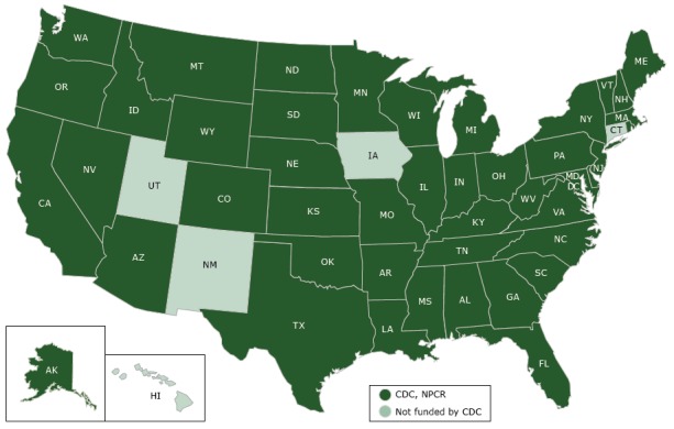 A map of the United States shows which states receive funding from the Centers for Disease Control and Prevention’s (CDC’s), National Program of Cancer Registries (NPCR) and which do not. Connecticut, Hawaii, Iowa, New Mexico, and Utah receive no CDC funding through NPCR.