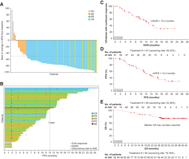 Figure 2. Response outcomes and linperlisib treatment in relapsed and/or refractory FL. A, Waterfall plot of tumor change from baseline and best responses (CR, PR), SD, or PD; On the x-axis, each bar is an individual patient. B, A swimmer plot representing the duration of treatment, PFS for each patient on the y-axis and including best response (CR, PR, SD, or PD) to linperlisib; each bar is an individual patient. Timing of first response, death, and discontinuation are noted. A 12-month (1 year) indicator is represented with the blue dashed line. C, DOR, (D) PFS, and (E) OS based on Independent Review Committee assessment.