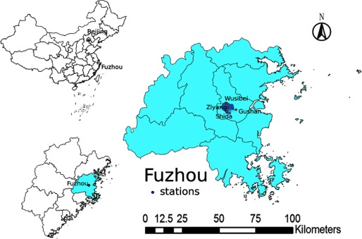 The map of China shows the location of Fuzhou in relation to Beijing. The map of Fujian highlights the location of Fuzhou. The zoomed map of Fuzhou depicts the locations of the four monitoring stations. The distance scale used is 1 to 100 kilometers.