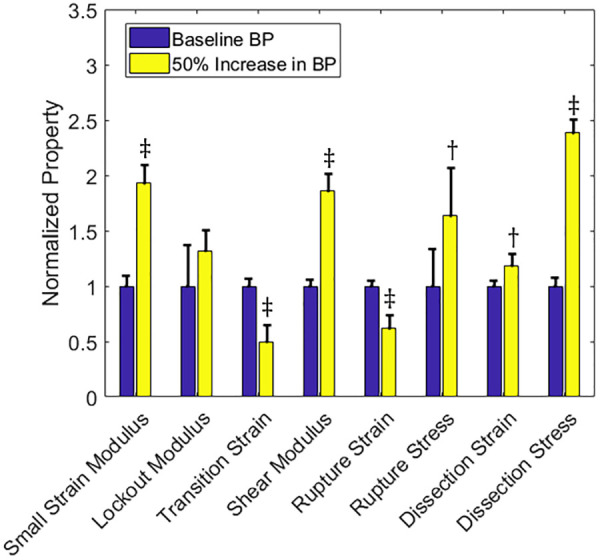 Material and failure properties for baseline normal blood pressure (left-hand bar, blue) and a 50% increase in baseline blood pressure (right-hand bar, yellow). Solid bars are means and the error bars are 95% confidence interval for N = 8. The symbol † represents p < 0.05 and the symbol ‡ represents p < 0.005 relative to the baseline vessel.