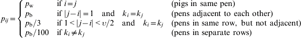 p_{ij} \equals \left\{ {\matrix{ {p_{\rm w} } \hfill \tab {{\rm if}\;i \equals j} \hfill \tab {\lpar {\rm pigs\ in\ same\ pen}\rpar } \hfill \cr {p_{\rm b} } \hfill \tab {{\rm if}\;\vert \hskip1j \minus i\vert \equals 1 \quad {\rm and}\quad k_{i} \equals k_{j} } \hfill \tab {\lpar {\rm pens\ adjacent\ to\ each\ other}\rpar } \hfill \cr p_{\rm b} \sol 3 \hfill \tab {{\rm if}\;{\rm 1} \lt \vert \hskip1j \minus i\vert \lt \upsilon \sol 2 \quad {\rm and} \quad k_{i} \equals k_{j} } \hfill \tab {\lpar {\rm pens\ in\ same\ row\comma \ but\ not\ adjacent}\rpar } \hfill \cr p_{\rm b}\sol100 \hfill \tab {{\rm if}\;k_{i} \ne k_{j} } \hfill \tab {\lpar {\rm pens\ in\ separate\ rows}\rpar } \hfill \cr} } \right.