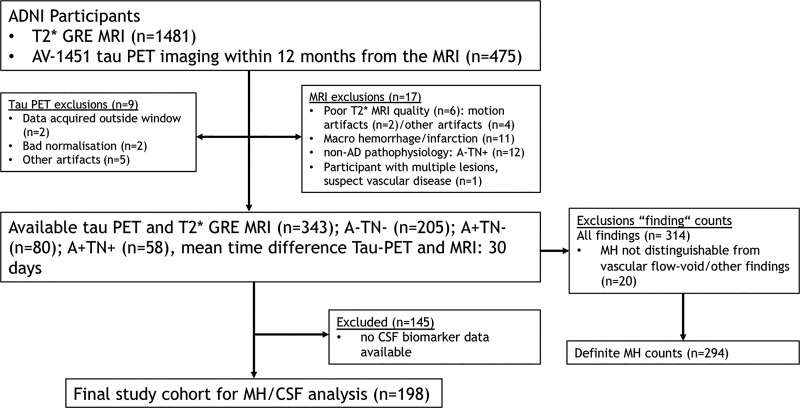 Flowchart, shows the initial number of participants and those excluded for any reason. A+ = amyloid β positive, A− = amyloid β negative, AD = Alzheimer disease, ADNI = AD Neuroimaging Initiative, AV-1451 = flortaucipir, CSF = cerebrospinal fluid, GRE = gradient echo, MH = microhemorrhage, TN+ = tau/neurodegeneration positive, TN− = tau/neurodegeneration negative.