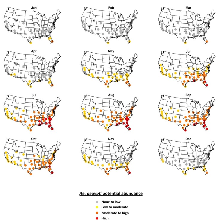 Fig. S3. The 2006-2015 DyMSiM mean monthly average Ae. aegypti potential abundance.