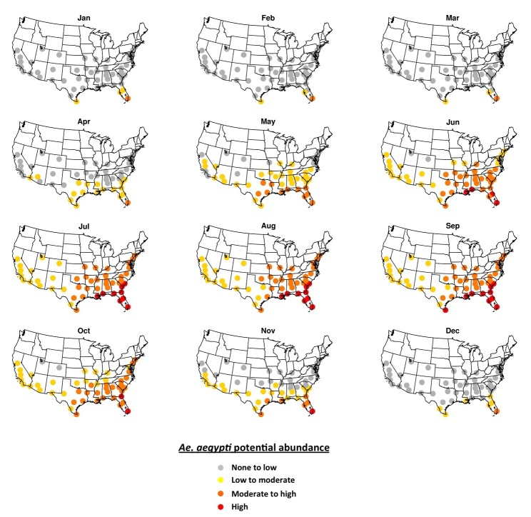 Fig. 2. The 2006-2015 ensemble mean monthly average Ae. aegypti potential abundance.