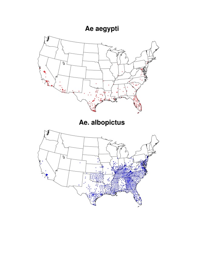 Fig. S1. Locations of know occurrences of Ae. aegypti and Ae. albpictus in the U.S. for 1960-2014 reproduced from Kraemer et al. (2015a, b, c) and updated with collections in California for 2011-2015 (CDPH 2016).