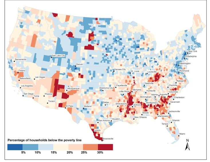 Fig. 5. 2014 percentage of households below the poverty line by U.S. county. Source of data can be found in text.