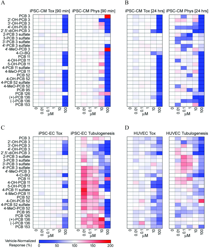 Figure 3A is a set of two heat maps titled i P S C-C M Tox [90 minutes] and i P S C-C M Phys [90 minutes], plotting P C B 3, 2 prime-O H-P C B 3, 3 prime-O H-P C B 3, 4 prime-O H-P C B 3, 2 prime, 5 prime-d i O H-P C B 3, 2 prime-P C B 3 sulfate, 3-P C B 3 sulfate, 3 prime-P C B 3 sulfate, 4 prime-P C B 3 sulfate, 4 prime-M e O-P C B 3, 4-C I-B Q, P C B 11, 4-O H-P C B 11, 5-O H-P C B 11, 4-P C B 11 sulfate, 4-M e O-P C B 11, P C B 52, 4-O H-P C B 52, 4-P C B 52 sulfate, 4-M e O-P C B 52, P C B 95, P C B 126, (plus)-P C B 136, (minus)-P C B 136, and P C B 153 (y-axis) across micromolar, ranging from 0 to 0.01 in increments of 0.009, 0.01 to 0.1 in increments of 0.09, 0.1 to 1 in increments of 0.9, 1 to 10 in increments of 9, and 10 to 100 in increments of 90 (x-axis) for vehicle-normalized responses in percentage, ranging from 0 to 200 in increments of 50. Figure 3B is a set of two heatmaps titled i P S C-C M Tox [24 hours] and i P S C-C M Phys [24 hours], plotting P C B 3, 2 prime-O H-P C B 3, 3 prime-O H-P C B 3, 4 prime-O H-P C B 3, 2 prime, 5 prime-d i O H-P C B 3, 2 prime-P C B 3 sulfate, 3-P C B 3 sulfate, 3 prime-P C B 3 sulfate, 4 prime-P C B 3 sulfate, 4 prime-M e O-P C B 3, 4-C I-B Q, P C B 11, 4-O H-P C B 11, 5-O H-P C B 11, 4-P C B 11 sulfate, 4-M e O-P C B 11, P C B 52, 4-O H-P C B 52, 4-P C B 52 sulfate, 4-M e O-P C B 52, P C B 95, P C B 126, (plus)-P C B 136, (minus)-P C B 136, and P C B 153 (y-axis) across micromolar, ranging from 0 to 0.01 in increments of 0.009, 0.01 to 0.1 in increments of 0.09, 0.1 to 1 in increments of 0.9, 1 to 10 in increments of 9, and 10 to 100 in increments of 90 (x-axis) for vehicle-normalized responses in percentage, ranging from 0 to 200 in increments of 50. Figure 3C is a set of two heat maps titled i P S C-E C Tox and i P S C-E C Tubulogenesis, plotting P C B 3, 2 prime-O H-P C B 3, 3 prime-O H-P C B 3, 4 prime-O H-P C B 3, 2 prime, 5 prime-d i O H-P C B 3, 2 prime-P C B 3 sulfate, 3-P C B 3 sulfate, 3 prime-P C B 3 sulfate, 4 prime-P C B 3 sulfate, 4 prime-M e O-P C B 3, 4-C I-B Q, P C B 11, 4-O H-P C B 11, 5-O H-P C B 11, 4-P C B 11 sulfate, 4-M e O-P C B 11, P C B 52, 4-O H-P C B 52, 4-P C B 52 sulfate, 4-M e O-P C B 52, P C B 95, P C B 126, (plus)-P C B 136, (minus)-P C B 136, and P C B 153 (y-axis) across micromolar, ranging from 0 to 0.01 in increments of 0.009, 0.01 to 0.1 in increments of 0.09, 0.1 to 1 in increments of 0.9, 1 to 10 in increments of 9, and 10 to 100 in increments of 90 (x-axis) for vehicle-normalized responses in percentage, ranging from 0 to 200 in increments of 50. Figure 3D is a set of two heat maps titled H U V E C Tox and H U V E C Tubulogenesis, plotting P C B 3, 2 prime-O H-P C B 3, 3 prime-O H-P C B 3, 4 prime-O H-P C B 3, 2 prime, 5 prime-d i O H-P C B 3, 2 prime-P C B 3 sulfate, 3-P C B 3 sulfate, 3 prime-P C B 3 sulfate, 4 prime-P C B 3 sulfate, 4 prime-M e O-P C B 3, 4-C I-B Q, P C B 11, 4-O H-P C B 11, 5-O H-P C B 11, 4-P C B 11 sulfate, 4-M e O-P C B 11, P C B 52, 4-O H-P C B 52, 4-P C B 52 sulfate, 4-M e O-P C B 52, P C B 95, P C B 126, (plus)-P C B 136, (minus)-P C B 136, and P C B 153 (y-axis) across micromolar, ranging from 0 to 0.01 in increments of 0.009, 0.01 to 0.1 in increments of 0.09, 0.1 to 1 in increments of 0.9, 1 to 10 in increments of 9, and 10 to 100 in increments of 90 (x-axis) for vehicle-normalized responses in percentage, ranging from 0 to 200 in increments of 50.