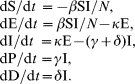 \matrix{ {{\rm dS}\sol {\rm d}t} \hskip3pt\equals { \minus \beta {\rm SI}\sol N\comma } \hfill \cr {{\rm dE}\sol {\rm d}t} \hskip2pt\equals \hfill{\beta {\rm SI}\sol N \minus \kappa {\rm E}\comma } \hfill \cr {{\rm dI}\sol {\rm d}t}\hskip4pt\equal {\kappa {\rm E} \minus \lpar \gamma \plus \delta \rpar {\rm I}\comma } \hfill \cr {{\rm dP}\sol {\rm d}t}\hskip2pt\equals {\gamma {\rm I}\comma } \hfill \cr {{\rm dD}\sol {\rm d}t}\equals {\delta {\rm I}.} \hfill \cr}