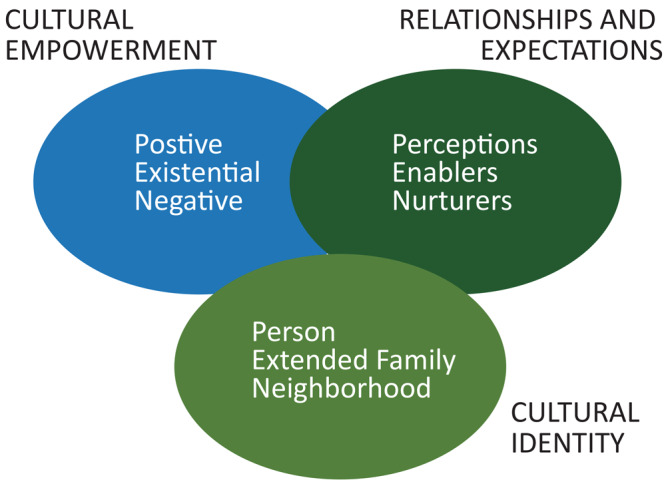 The components of the PEN-3 model are presented in 3 sections, which list the 3 domains of each component. For the cultural empowerment domain, the 3 components are positive, existential, and negative; for the relationship and expectation domain, the components are perception, enablers, and nurturers; and for the cultural identity domain, the components are people, extended family, and neighborhood.