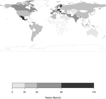 World map marking regions with national residential radon exposures, with the scale of 0 to 20, 20 to 40, 40 to 80, and 80 to 133 becquerels per cubic meter.