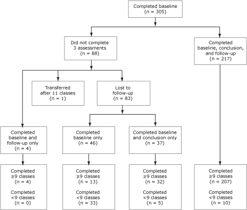 flow chart This diagram shows that of the 305 participants who completed baseline assessments, 88 did not complete all 3 assessments. Of those 88 participants, a) 1 participant attended 11 classes but transferred to another program before completing the conclusion; b) 46 participants completed only the baseline assessment, of whom 13 attended 9 or more classes; c) 37 participants completed both baseline and conclusion but not follow-up, of whom 32 attended 9 or more classes; d) 4 participants completed the follow-up but not the conclusion, all of whom attended 9 or more classes. For the 217 participants who completed all 3 assessments, 207 completed 9 or more classes.