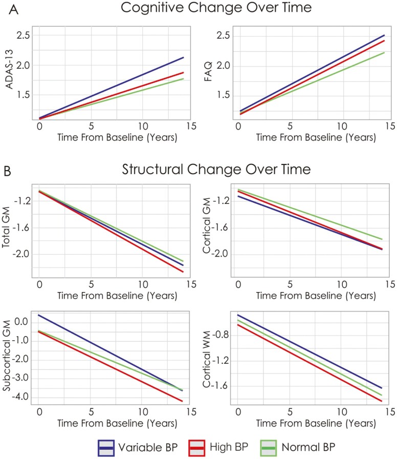 Alt Text: (A) Variable BP had increased decline in global cognition compared to both normal and high BP, who did not differ. Variable BP also exhibited increased deficits in functional status compared to only normal BP. (B) Variable and high BP exhibited increased subcortical GM volume compared to normal BP, and variable had increased loss compared to high BP.