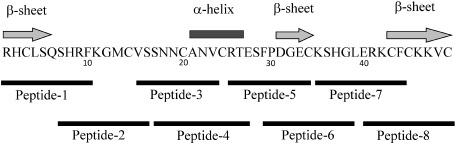 Fig. 1. The positions of partial peptides from OsAFP1. The arrows and a bar over the amino acid sequence indicate the predicted β-sheet and α-helix, respectively. The black bars under the amino acid sequence indicate the positions of partial peptides of OsAFP1.