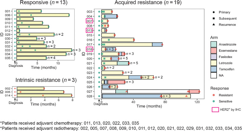 Figure 1. Patient scheme. Swimmer plot indicating timing of endocrine therapy treatment and tumor tissue sampling for each patient stratified by patient response to endocrine therapy. For each tumor sample, response to treatment defined by assessment of tumor volume change and number of biological replicates were indicated. Clinically HER2+ patients with positive IHC staining were highlighted in pink box.