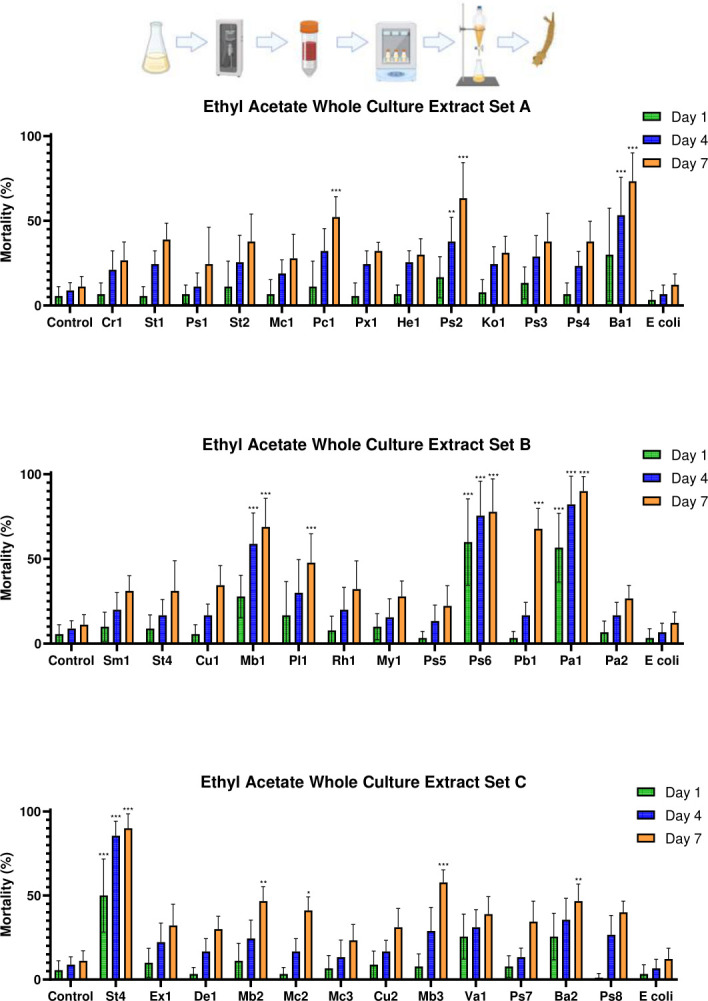 Bar graph presents mortality percentages for Whole Culture Sets A, B, and C on days 1, 4, and 7. Set A shows Ba1, Ps2, Pc1 highest on day 7. Set B shows Mb1, Ps6, Pb1 and Pa1 elevated by day 7. Set C shows St4 strongest mortality across all days.