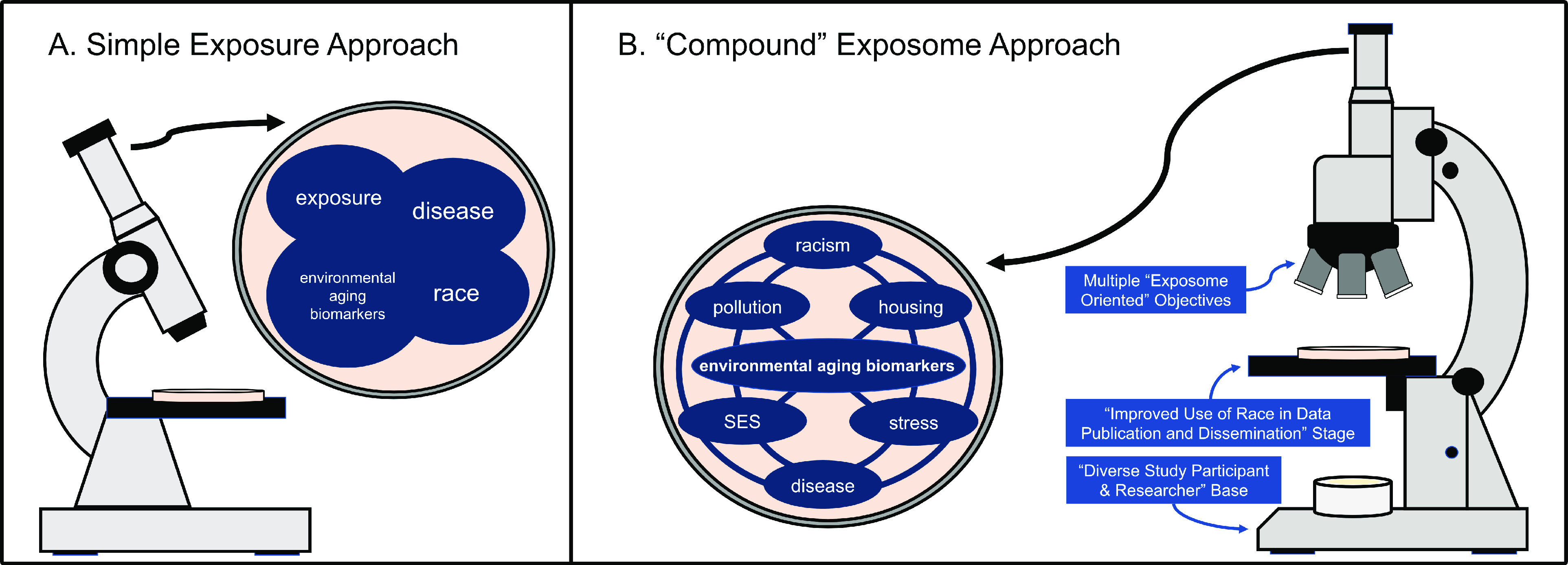 Figure 1A is a schematic diagram titled Simple Exposure Approach and shows a simple light microscope, where the researchers may fail to appreciate the true connections between exposures, environmental aging biomarkers, and disease and even falsely attribute relationships to race. Figure 1B is a schematic diagram titled Compound Exposome Approach and shows a compound light microscope, where it improves the ability of our research to appreciate the true and complex relationships of environmental aging biomarkers, pollution, housing, socioeconomic status, stress, disease factors, with the help of multiple exposure-oriented objectives, improved use of race in data publication and dissemination stage, and diverse study participant and researcher base.