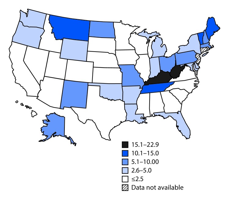 The above figure is a map of the United States, showing the rate of hepatitis C infection among pregnant women per 1,000 live births, by state in 2014.