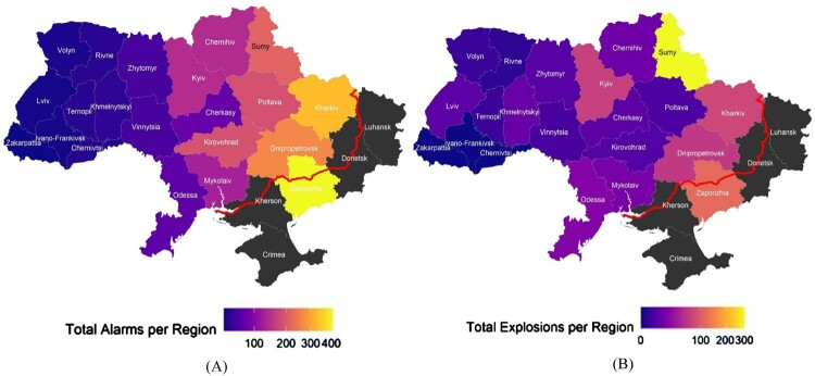 Two maps of Ukraine showing the frequency of air raid alarms and reported explosions across different regions over 10 weeks. Map A shows the number of air raid alarms, with lighter colours indicating higher frequencies. Map B shows the number of reported explosions, also using lighter colours to indicate higher frequencies. Both maps show higher frequencies in the east of the country. The red line going through the far east and south of the country represents the frontline as of 1 July 2023.