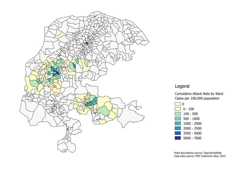 Cumulative attack rate by ward for CSM cases treated by MSF in Kebbi and Sokoto states, February 10 – June 8, 2015, Nigeria