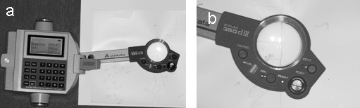 Figure 5. (a) Digital planimeter. (b) Measurement of the areas using a digital planimeter.