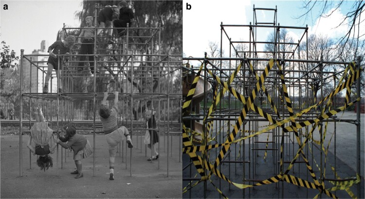 (a) A black and white photograph of children climbing on a jungle gym in a city park with buildings in the background. (b) A jungle gym in a city park covered in yellow and black striped caution tape.