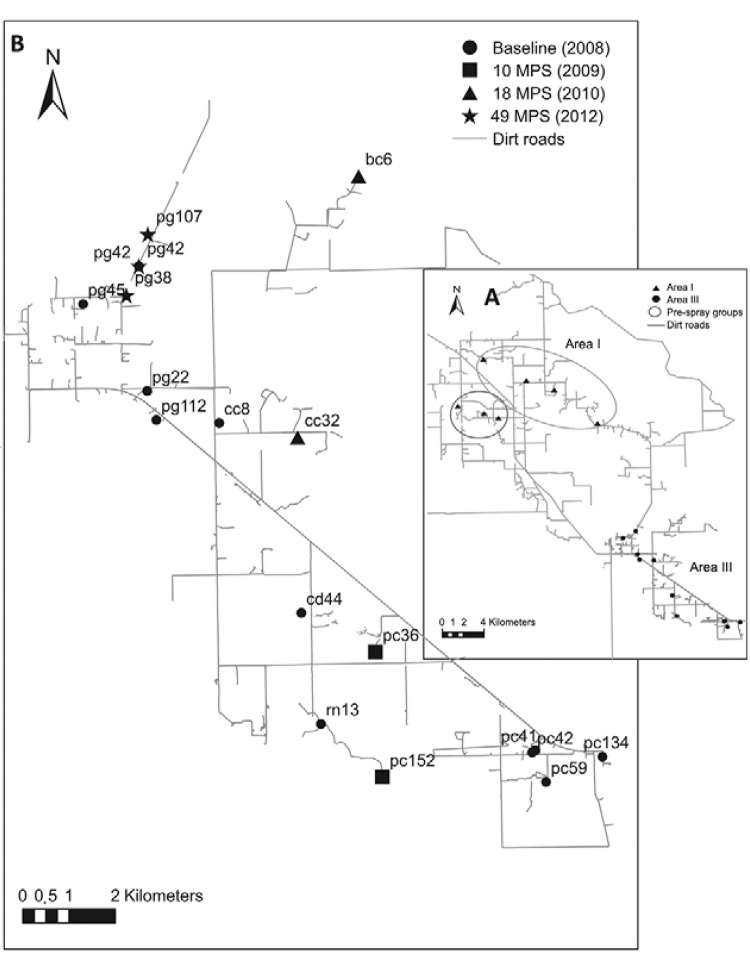 Fig. 1A: map showing houses infested by Triatoma infestans
before insecticide spraying which were included in wing geometric morphometry
analyses in Area III (circles) and the groups of houses identified in Area I
(triangles) (Gaspe et al. 2012), Pampa
del Indio, Chaco, 2007-2008; B: map of Area III showing houses infested by
T. infestans included in the morphometric analyses by
survey, Pampa del Indio, 2008-2012. Circles show houses before insecticide
spraying (October 2008), squares correspond to the first post-spray survey [10
months post-spray (MPS), 2009], triangles correspond to the second post-spray
survey (18 MPS, 2010) and stars to the fourth post-spray survey (49 MPS, 2012),
the numbers and letters refer to the house ID. The letters correspond to the
name of the community (cc: Cuarta Legua 14; cd: Cuarta Legua 17; pc: Pampa
Chica; pg: Pampa Grande; rn: El Rincón).