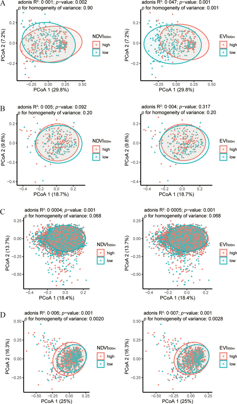 Figure 3A is a set of two Bray–Curtis distance plots, plotting principal coordinate analysis 2 (7.2 percent), ranging from negative 0.2 to 0.2 in increments of 0.2 (y-axis) across principal coordinate analysis 1 (29.8 percent), ranging from negative 0.25 to 0.50 in increments of 0.25 (x-axis) for normalized difference vegetation index 500 meters, including high and low. The adonis uppercase r squared increased from 0.001 to 0.047, lowercase italic p decreased from 0.002 to 0.001, lowercase italic p for homogeneity of variance decreased from 0.90 to 0.001. Figure 3B is a set of two Bray–Curtis distance plots, plotting principal coordinate analysis 2 (9.8 percent), ranging from negative 0.4 to 0.2 in increments of 0.2 (y-axis) across principal coordinate analysis 1 (18.7 percent), ranging from negative 0.4 to 0.2 in increments of 0.2 (x-axis) for normalized difference vegetation index 500 meters, including high and low. The adonis uppercase r squared decreased from 0.005 to 0.004, lowercase italic p increased from 0.092 to 0.317, lowercase italic p for homogeneity of variance is 0.20. Figure 3C is a set of two Bray–Curtis distance plots, plotting principal coordinate analysis 2 (13.7 percent), ranging from negative 0.50 to 0.25 in increments of 0.25 (y-axis) across principal coordinate analysis 1 (18.4 percent), ranging from negative 0.4 to 0.2 in increments of 0.2 (x-axis) for normalized difference vegetation index 500 meters, including high and low. The adonis uppercase r squared increased from 0.0004 to 0.0005, lowercase italic p is 0.001, lowercase italic p for homogeneity of variance is 0.068. Figure 3D is a set of two Bray–Curtis distance plots, plotting principal coordinate analysis 2 (16.3 percent), ranging from negative 0.25 to 0.50 in increments of 0.25 (y-axis) across principal coordinate analysis 1 (25 percent), ranging from negative 0.50 to 0.25 in increments of 0.25 (x-axis) for normalized difference vegetation index 500 meters, including high and low. The adonis uppercase r squared increased from 0.006 to 0.007, lowercase italic p is 0.001, lowercase italic p for homogeneity of variance increased from 0.020 to 0.0028.