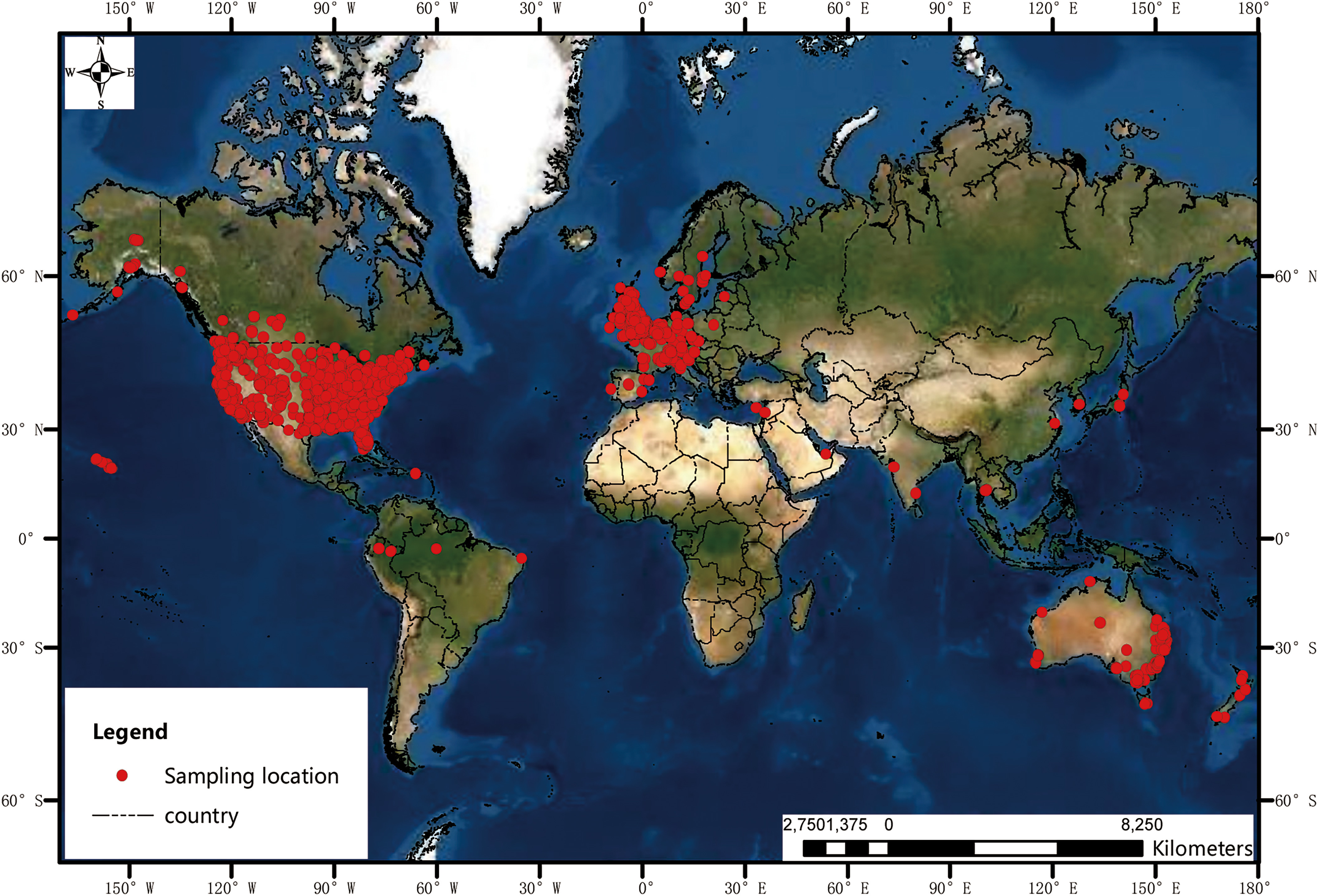 Figure 2 is a world map depicting the locations of samples that include 34 countries between 2012 and 2020. A scale of kilometers ranges from 2,750 to 0 in increments of 1,375 and from 0 to 8,250 in increments of 8,250.