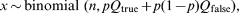 x\hskip-1 \sim\hskip-1 {\rm binomial} \ \lpar n\comma pQ_{{\rm true}} \plus p\lpar 1 \minus p\rpar Q_{{\rm false}} \rpar \comma