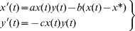 \left. \eqalign {x\prime \lpar t\rpar \equals \tab ax\lpar t\rpar y\lpar t\rpar \minus b\lpar x\lpar t\rpar \minus x\ast \rpar \cr y\prime \lpar t\rpar \equals \tab \minus cx\lpar t\rpar y\lpar t\rpar} \right\}\hfill