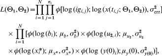 \eqalign{ \tab L\lpar \rmTheta _{\setnum{1}} \comma\hskip-1 \rmTheta _{\setnum{2}} \rpar \equals\hskip-3 \prod\limits_{i \equals \setnum{1}}^{N} {\prod\limits_{j \equals \setnum{1}}^{n_{i} } {\phi \lsqb {\rm log} \, \lpar ig_{i\comma j} \rpar \semi \,{\rm log} \, \lpar x\lpar t_{i\comma j} \semi\ \hskip-1\rmTheta _{\setnum{1}} \comma\hskip-1 \rmTheta _{\setnum{2}} \rpar \rpar \comma\sigma _{{\rm err}}^{\setnum{2}} \rsqb }} \cr \tab\quad \times \prod\limits_{i \equals \setnum{1}}^{N} \lsqb \phi \lpar {\rm log} \, \lpar b_{i} \rpar \semi \ \mu _{b} \comma \sigma _{b}^{\setnum{2}} \rpar \times \phi \lpar {\rm log} \, \lpar u_{\setnum{2}\comma i} \rpar \semi \ \mu _{u _{\setnum{2}}} \comma \sigma _{u_{\setnum{2}}}^{\setnum{2}} \cr \tab \quad\times \phi \lpar {\rm log} \, \lpar x_{i}\hskip-2\ast \rpar \semi \ \mu _{x\ast } \comma \sigma _{x\ast }^{\setnum{2}} \rpar \times \phi \lpar\hskip-1 \log \, \lpar y\lpar 0\rpar _{i} \rpar \semi \, \mu _{y} \lpar 0\rpar \comma \sigma _{y\lpar \setnum{0}\rpar }^{\setnum{2}} \rpar \rsqb \comma \cr}