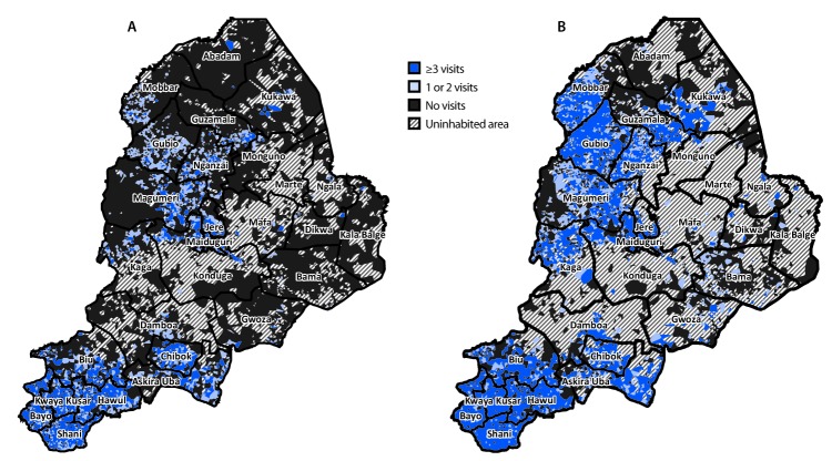 The figure consists of two maps of Borno State, Nigeria showing inhabited settlements reached with bivalent oral poliovirus vaccine using standard house-to-house, Reaching Every Settlement, and Reaching Inaccessible Children approaches, by the number of cumulative vaccination visits reaching children aged <5 years old. The first map shows settlements reached during August–December 2016 and the second during August 2016–May 2019.