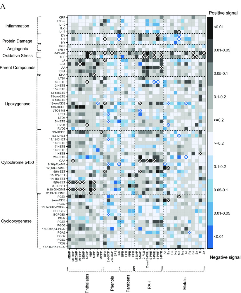 Figure 2A is a heatmap plotting Inflammation: C R P, T N F-alpha, I L-10, I L-6, I L-1 beta; Protein Damage: D Y, C Y, N Y; Angiogenic: P G F and sFlt-1; Oxidative Stress: 8-O H d G and 8-I P; Parent Compounds: L A, alpha L A, A A, E P A, D H A; Lipoxygenase: L T B 4, 8-H E T E, 12-H E T E, 15-H E T E, 12-oxo E T E, 15-oxo E T E, 5-oxo E T E, 13-oxo O D E, 13 S-H O D E, L T C 4 M E, L T E 4, L T D 4, 5-H E T E, R V D 1, R V D 2; Cytochrome p450: 9 S-H O D E, 5,6-D H ET, 11,12-D H E T, 18-H E T E, 17-H E T E, 16-H E T E, 11-H E T E, 20-H E T E, C A A, 9(10)-Epo M E, 12(13)-Epo M E, 5(6)-E E T, 11(12)-E E T, 14(15)-E E T, 8(9)-E E T, 8,9-D H E T, 9,10-Di H O M E, 12,13-Di H O M E; and Cyclooxygenase: P G E 1, 9-oxo O D E, P G B 2, 13,14 D H K-P G F 2 alpha, B C P G E 2, B C P G E 1, P G J 2, P G E 3, P G D 3, 15 D O 12, 14-P G J 2, P G A 2, P G D 2, P G E 2, T X B 2, and 13,14 D H K-P G D 2 (left y-axis) and negative signal to positive signal, ranging as less than 0.01, 0.01 to 0.05, 0.05 to 0.1, 0.1 to 0.2, greater than or equal to 0.2, greater than or equal to 0.2, 0.1 to 0.2, 0.05 to 0.1, 0.01 to 0.05, and less than 0.01 (right y-axis) across Phthalates: M E H P, M E H H P, M E O H P, M E C P P, D E H P, M B z P, M B P, Mi B P, M E P, M C P P; Phenols: B P A, 2,4-D C P, 2,5-D C P, B P 3, T C S; Parabens: B P B, E P B, M P B, P P B; PAH: 2-N A P, 1-N A P, 2-F L U, 2 and 3 P H E, 9-P H E, 1-P H E, 4-P H E, 1-P Y R; Metals: Arsenic, Barium, Copper, Mercury, Manganese, Molybdenum, Nickel, Lead, Selenium, Tin, Thallium, Zinc (x-axis). Figure 2B is a heatmap plotting Inflammation: C R P, T N F-alpha, I L-10, I L-6, I L-1 beta; Protein Damage: D Y, C Y, N Y; Angiogenic: P G F and sFlt-1; Oxidative Stress: 8-O H d G and 8-I P; Parent Compounds: L A, alpha L A, A A, E P A, D H A; Lipoxygenase: L T B 4, 8-H E T E, 12-H E T E, 15-H E T E, 12-oxo E T E, 15-oxo E T E, 5-oxo E T E, 13-oxo O D E, 13 S-H O D E, L T C 4 M E, L T E 4, L T D 4, 5-H E T E, R V D 1, R V D 2; Cytochrome p450: 9 S-H O D E, 5,6-D H ET, 11,12-D H E T, 18-H E T E, 17-H E T E, 16-H E T E, 11-H E T E, 20-H E T E, C A A, 9(10)-Epo M E, 12(13)-Epo M E, 5(6)-E E T, 11(12)-E E T, 14(15)-E E T, 8(9)-E E T, 8,9-D H E T, 9,10-Di H O M E, 12,13-Di H O M E; and Cyclooxygenase: P G E 1, 9-oxo O D E, P G B 2, 13,14 D H K-P G F 2 alpha, B C P G E 2, B C P G E 1, P G J 2, P G E 3, P G D 3, 15 D O 12, 14-P G J 2, P G A 2, P G D 2, P G E 2, T X B 2, and 13,14 D H K-P G D 2 (left y-axis) and negative signal, no signal, and positive signal (right y-axis) across Phthalates: M E H P, M E H H P, M E O H P, M E C P P, M B z P, M B P, Mi B P, M E P, M C P P; Phenols: B P A, 2,4-D C P, 2,5-D C P, B P 3, T C S; Parabens: B P B, E P B, M P B, P P B; PAH: 2-N A P, 1-N A P, 2-F L U, 2- and 3 P H E, 9-P H E, 1-P H E, 4-P H E, 1-P Y R; Metals: Arsenic, Barium, Copper, Mercury, Manganese, Molybdenum, Nickel, Lead, Selenium, Tin, Thallium, Zinc (x-axis).