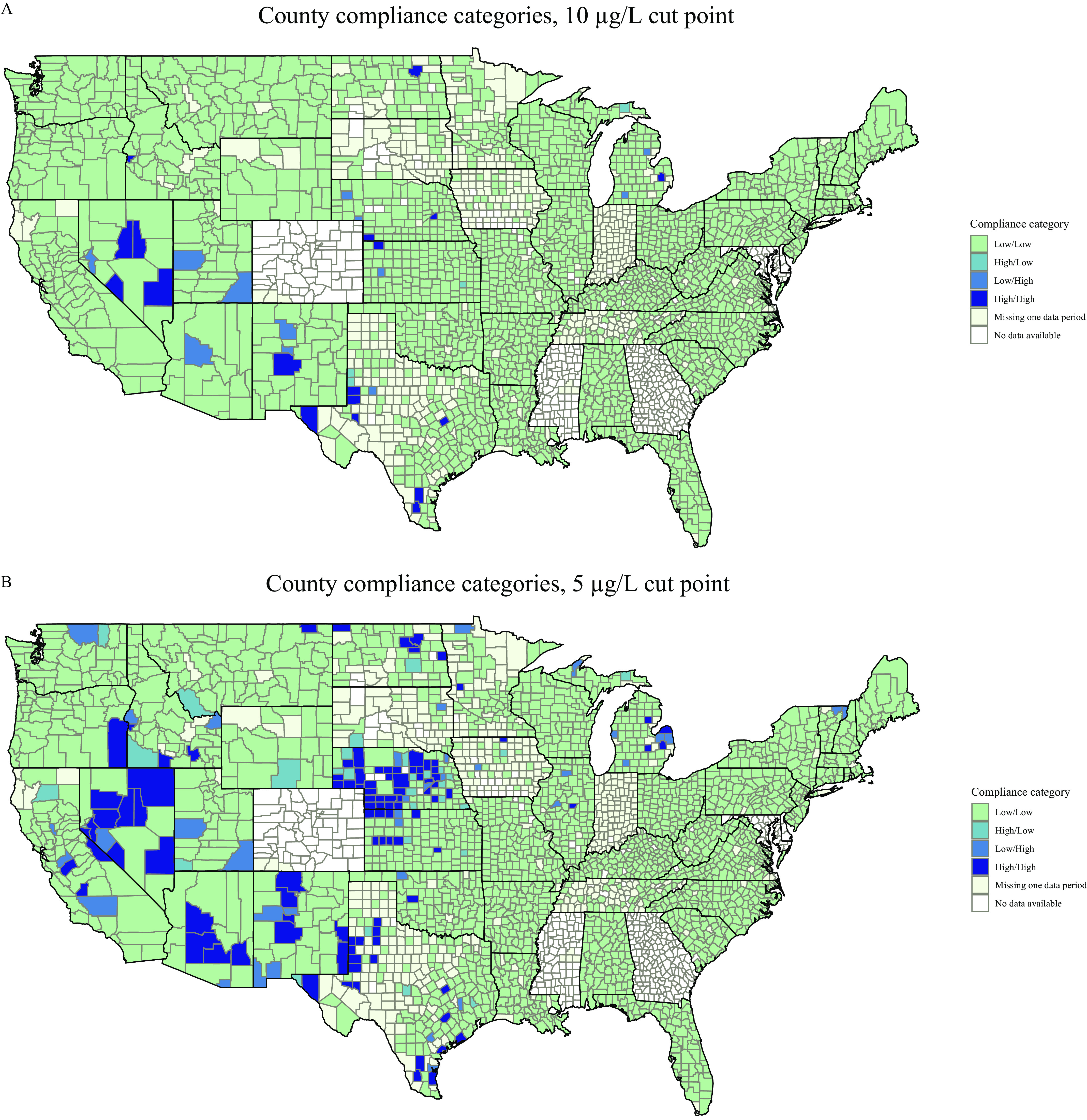 Figures 4A, 4B, and 4C are maps of the United States depicting estimated water arsenic concentrations in community water systems through county-level compliance categories from 2006 to 2008 through 2009 to 2011 with 10 micrograms per liter cut point (Figure 4A), 5 micrograms per liter cut point (Figure 4B), and 1 microgram per liter cut point (Figure 4C) and plotting compliance categories, divided into six categories, namely, low and low, high and low, low and high, high and high, missing one data period, and no data available.