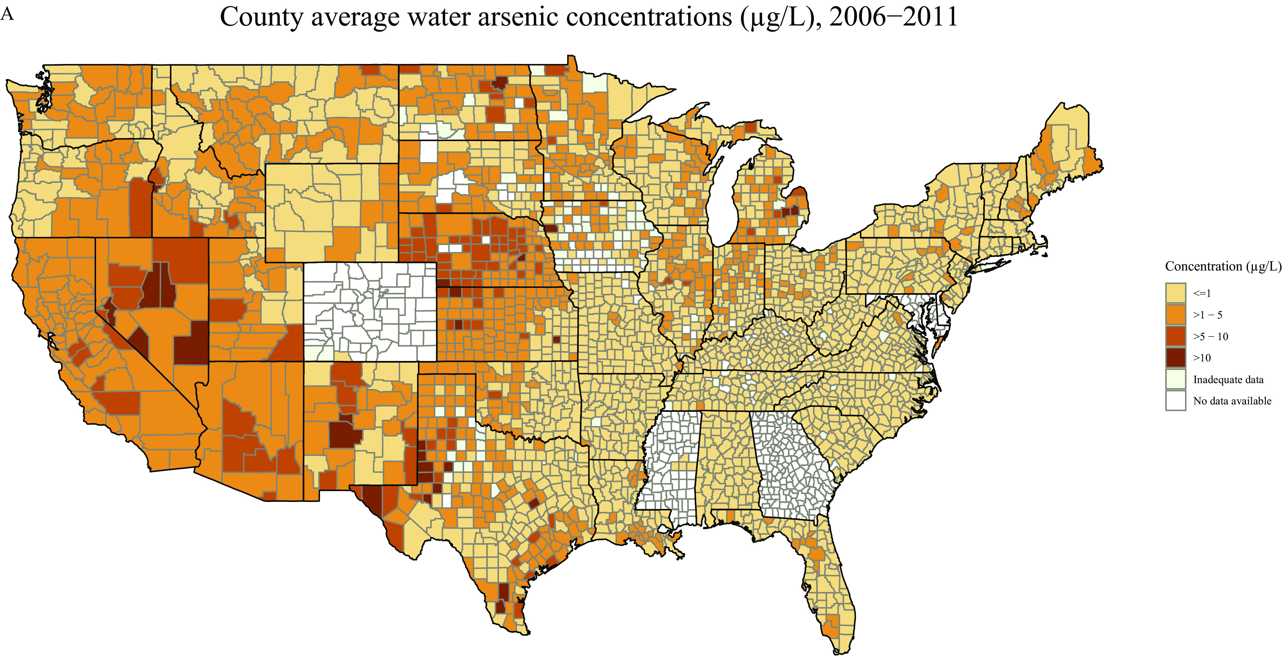 Figures 3A, 3B, and 3C are maps of the United States, depicting water arsenic concentrations in community water systems through estimated weighted average in county level from 2006 to 2011 (Figure 3A), 2006 to 2008 (Figure 3B), and 2009 to 2011 (Figure 3C) and plotting concentration (micrograms per liter), divided into six categories, namely, less than or equal to 1, greater than 1 to 5, greater than 5 to 10, greater than 10, inadequate data, and no data available.