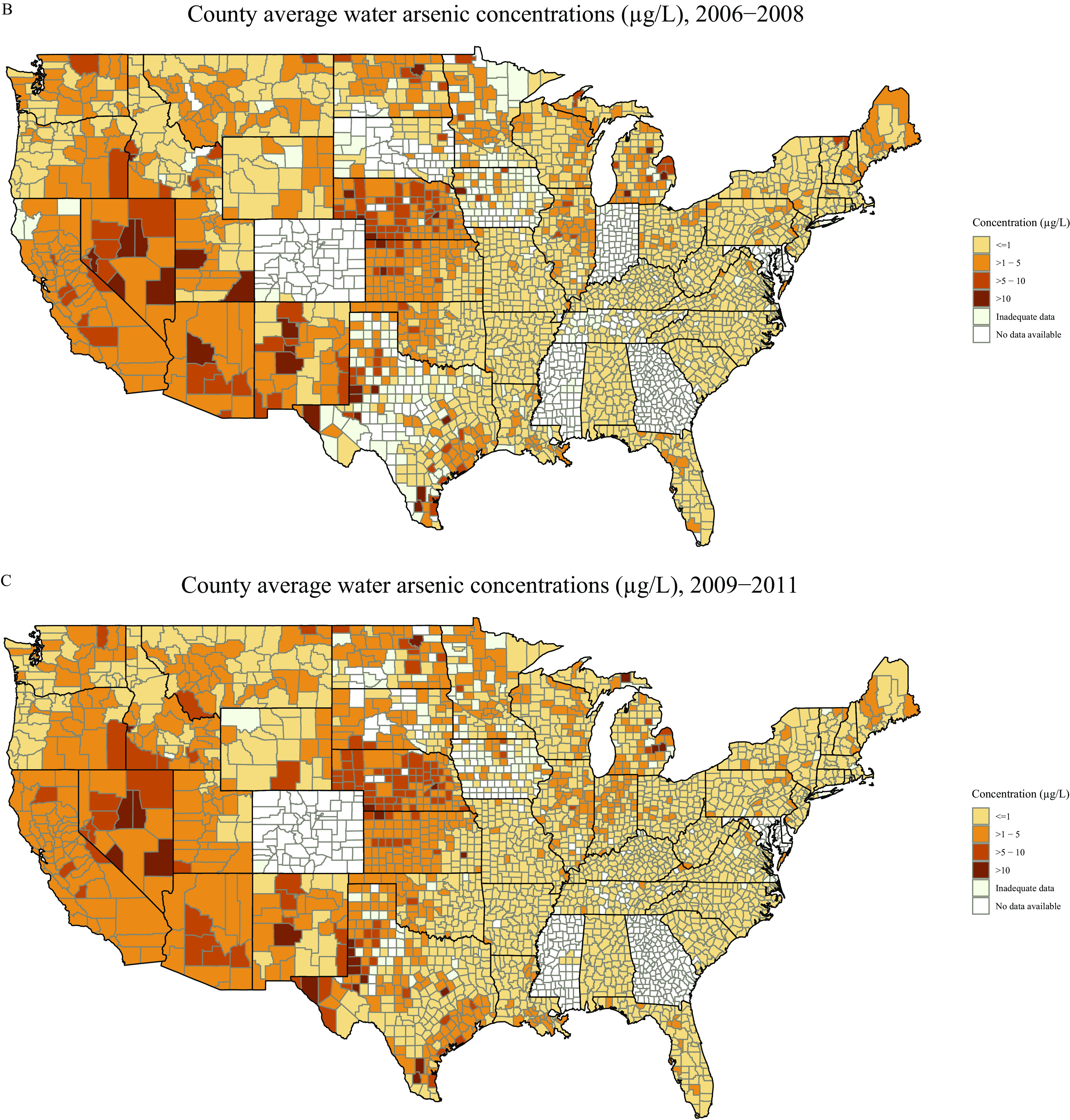 Figures 3A, 3B, and 3C are maps of the United States, depicting water arsenic concentrations in community water systems through estimated weighted average in county level from 2006 to 2011 (Figure 3A), 2006 to 2008 (Figure 3B), and 2009 to 2011 (Figure 3C) and plotting concentration (micrograms per liter), divided into six categories, namely, less than or equal to 1, greater than 1 to 5, greater than 5 to 10, greater than 10, inadequate data, and no data available.