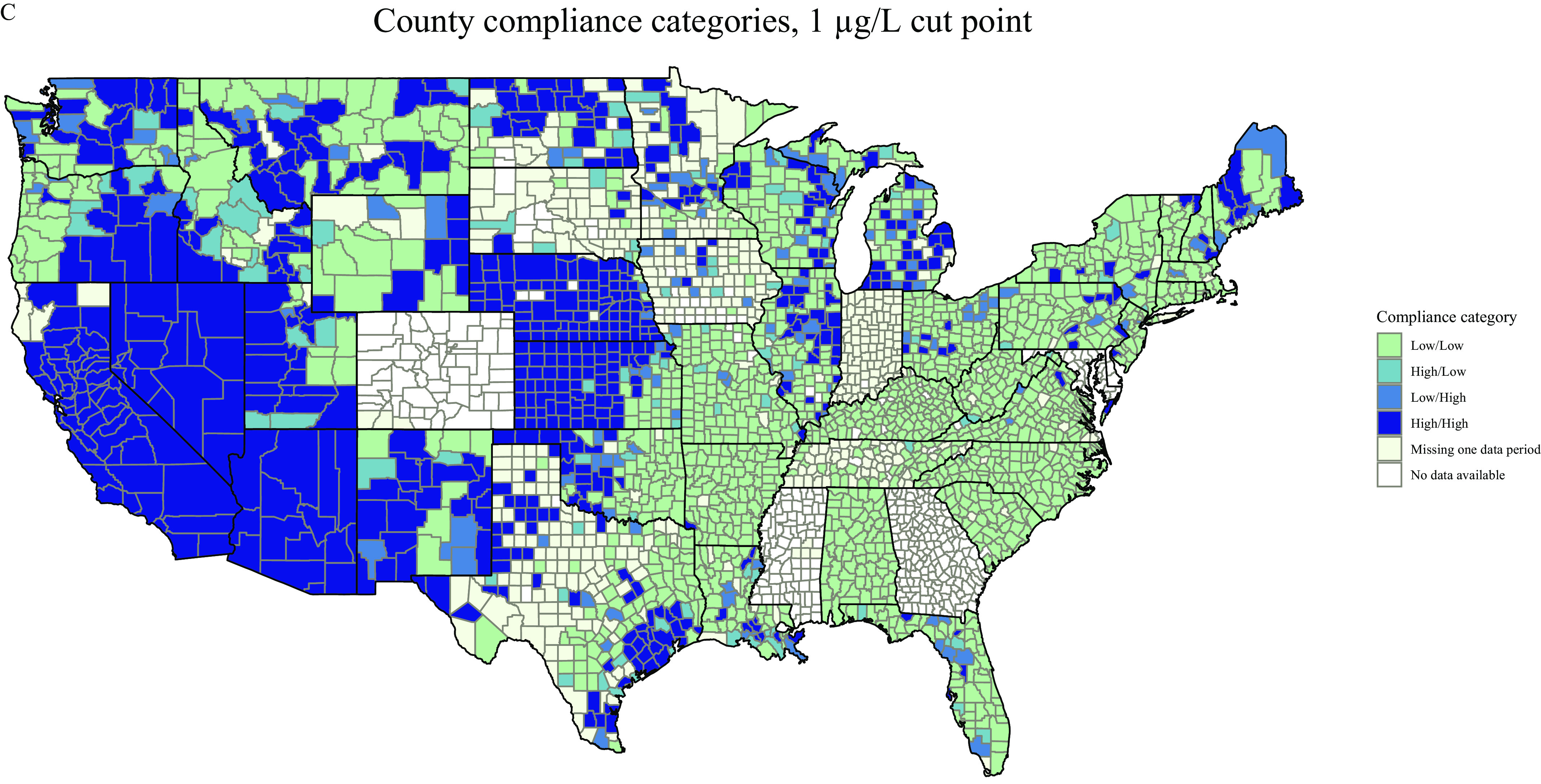 Figures 4A, 4B, and 4C are maps of the United States depicting estimated water arsenic concentrations in community water systems through county-level compliance categories from 2006 to 2008 through 2009 to 2011 with 10 micrograms per liter cut point (Figure 4A), 5 micrograms per liter cut point (Figure 4B), and 1 microgram per liter cut point (Figure 4C) and plotting compliance categories, divided into six categories, namely, low and low, high and low, low and high, high and high, missing one data period, and no data available.